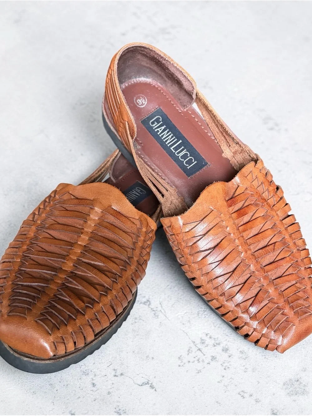 Men’s Woven Leather Slip-On — Tan.  Great condition